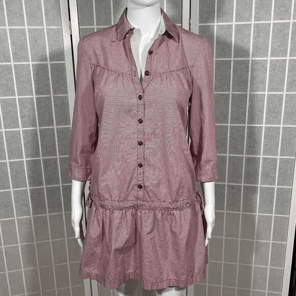 Trovata Burgundy Cinched Waist Mini Dress Button Front‎ Long Sleeve Boho Size M - Picture 1 of 11